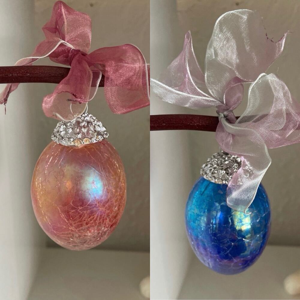 Set of 2 Crackle Mirror Finish Decorative Eggs with Ribbon Bows Blue Pink Ombre